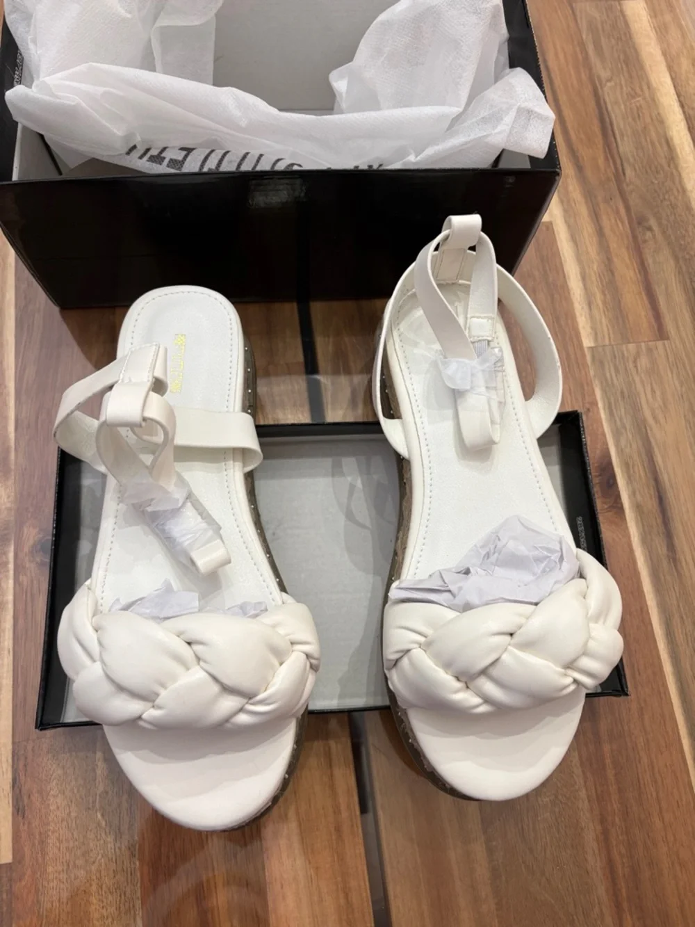 NIB Flawed Sz 7 White PU Plait Detail Strappy Espadrille Sandals Platform Shoes